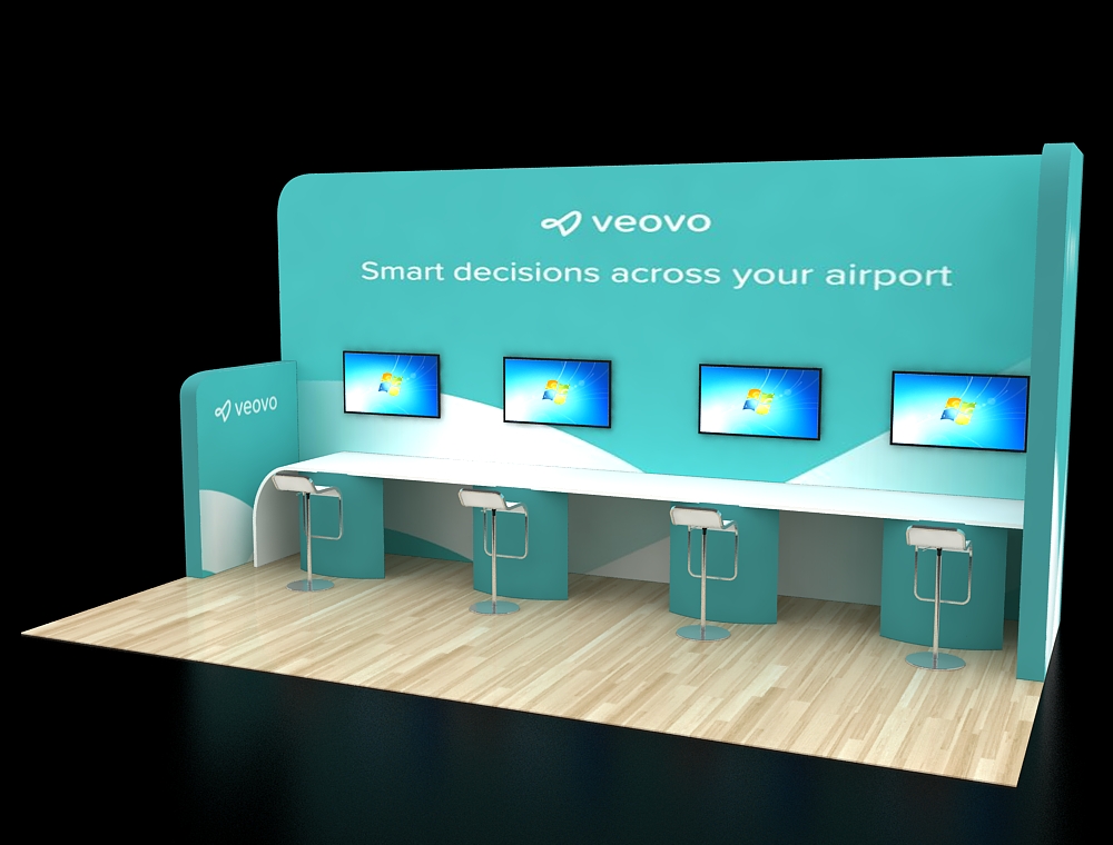 Open trade show booth with display stands