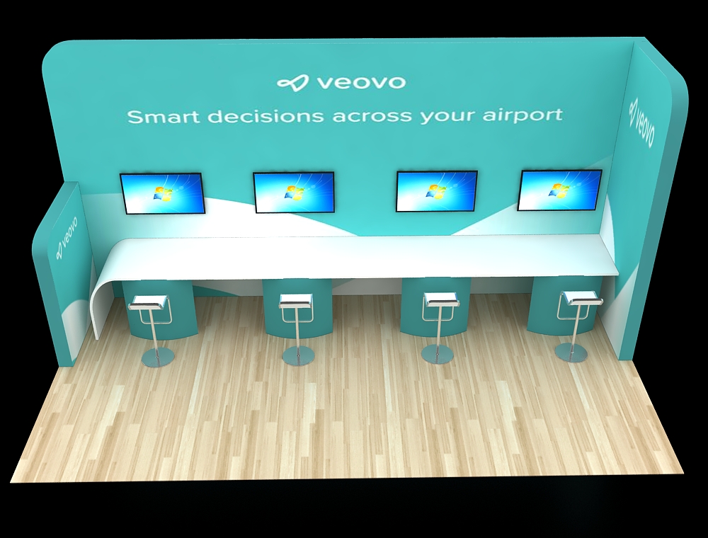 Open trade show booth with display stands