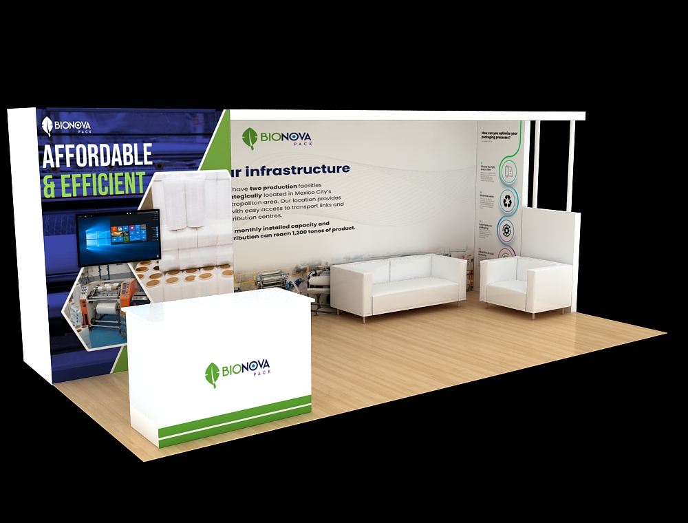 Interactive trade show booth with branding banners