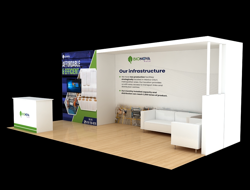 Interactive trade show booth with branding banners