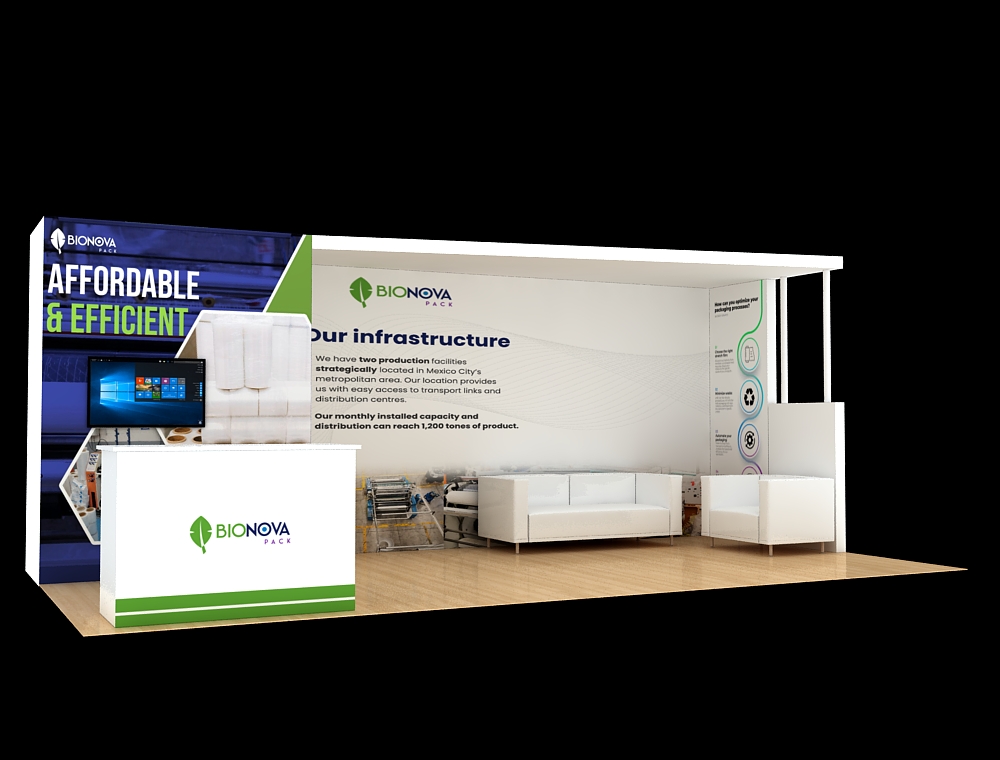 Interactive trade show booth with branding banners