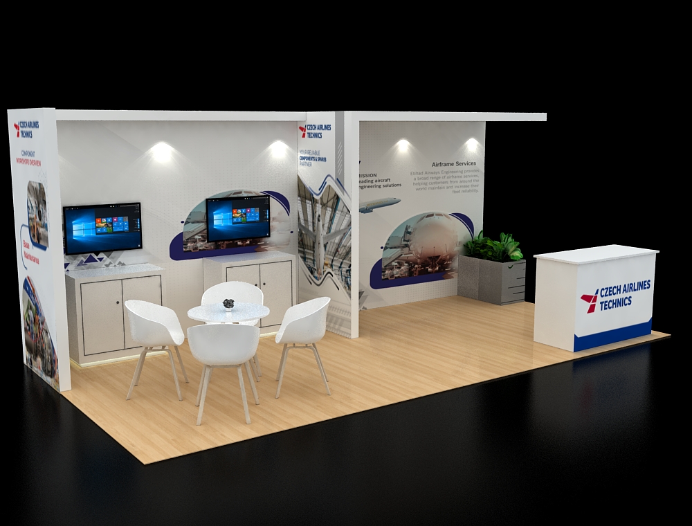 Modern booth with reception desk and display area