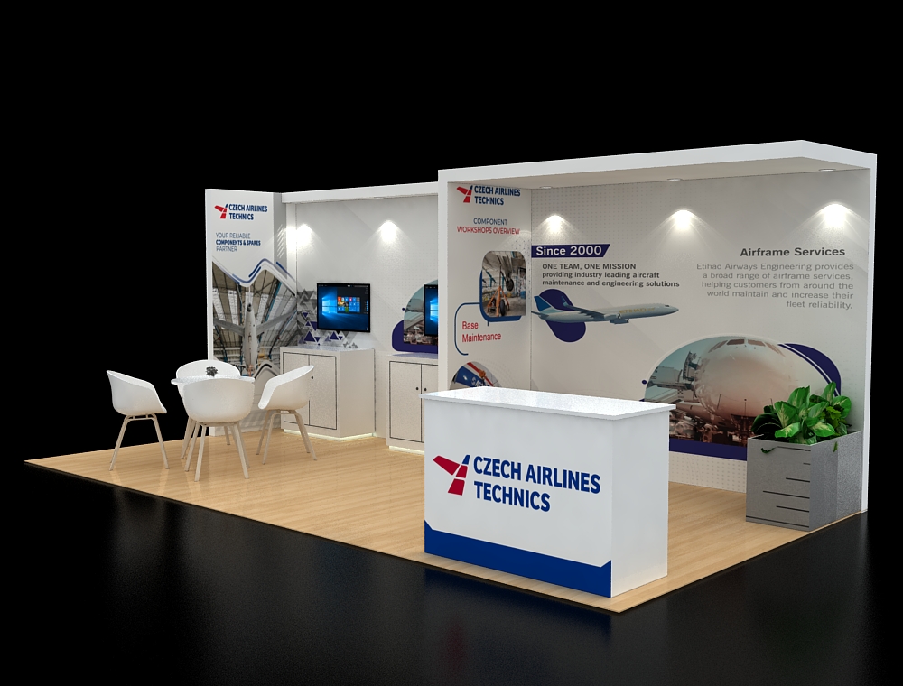 Modern booth with reception desk and display area