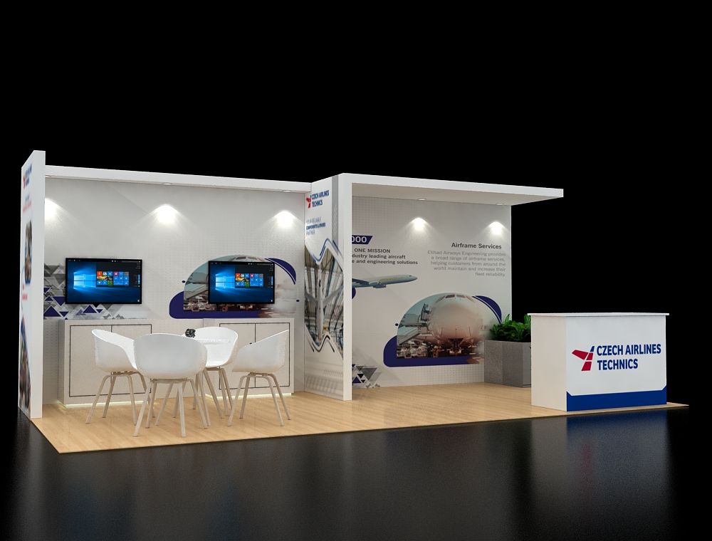 Modern booth with reception desk and display area