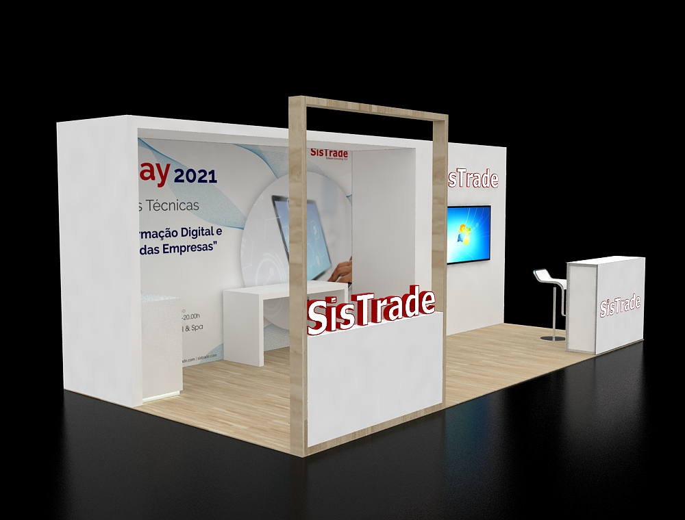 Trade show booth with open concept and signage