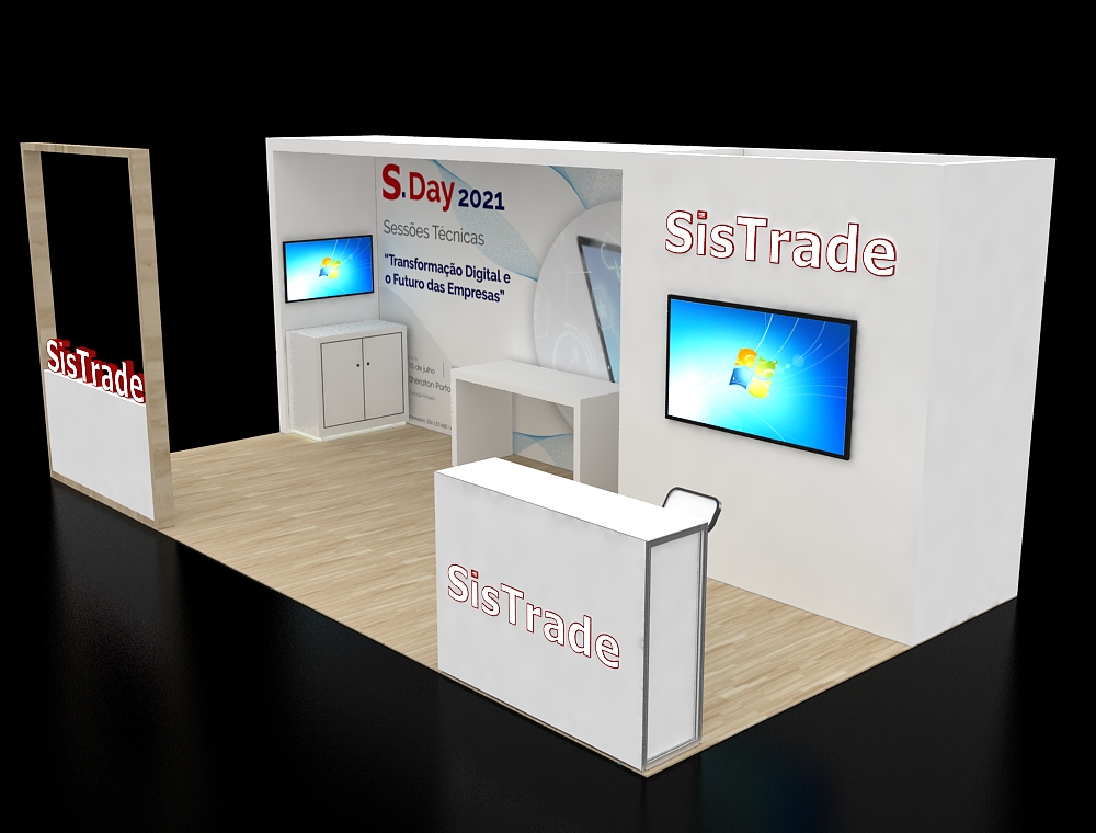 Trade show booth with open concept and signage