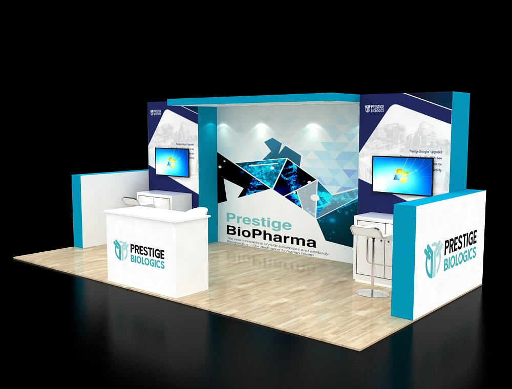 Exhibition booth with large display panels and counter