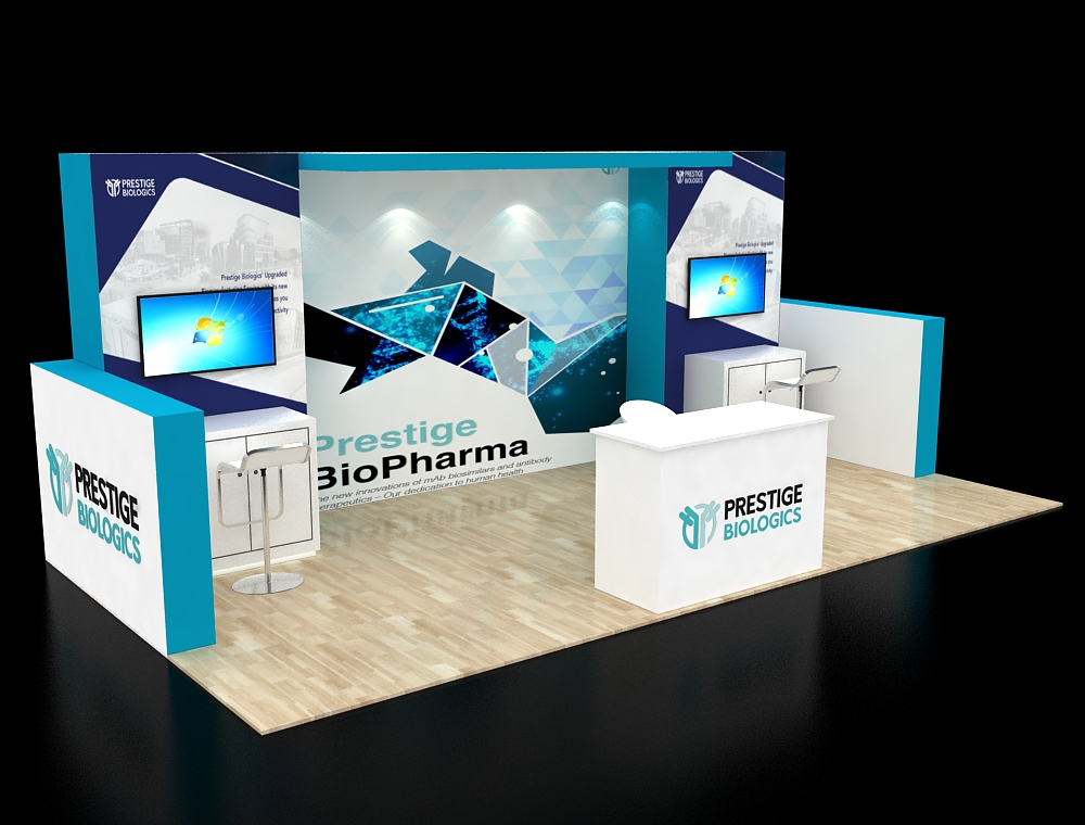 Exhibition booth with large display panels and counter