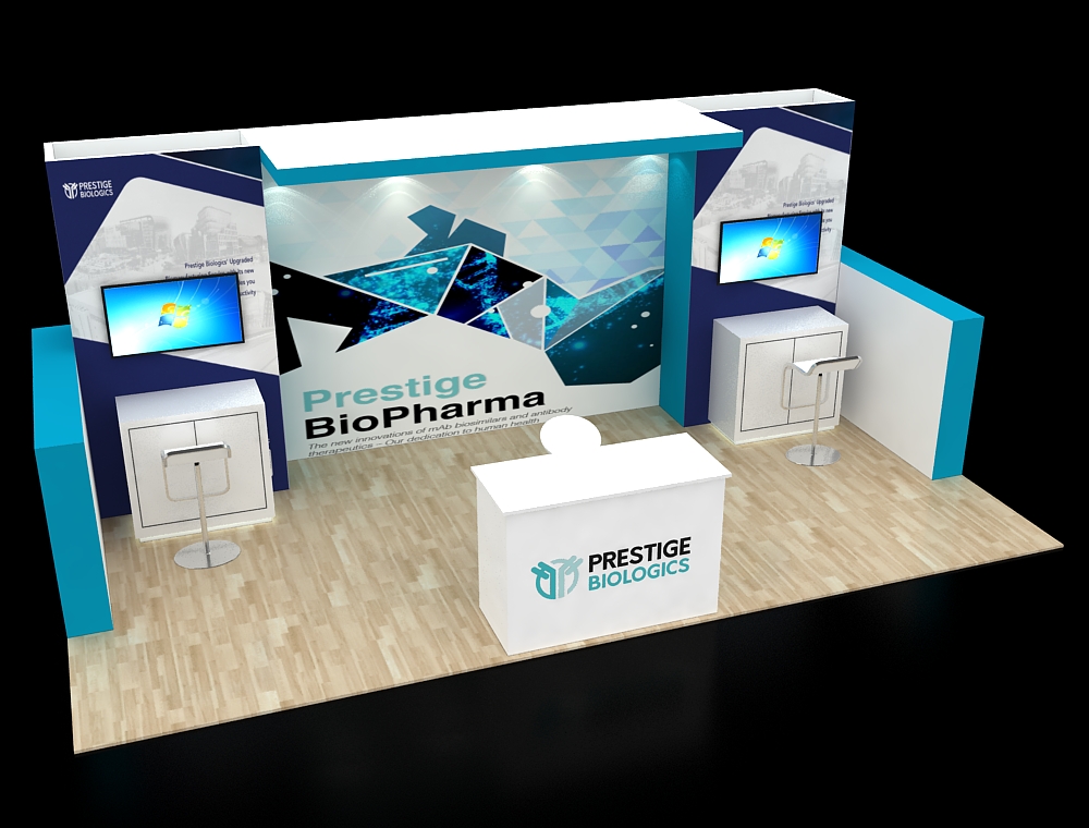 Exhibition booth with large display panels and counter