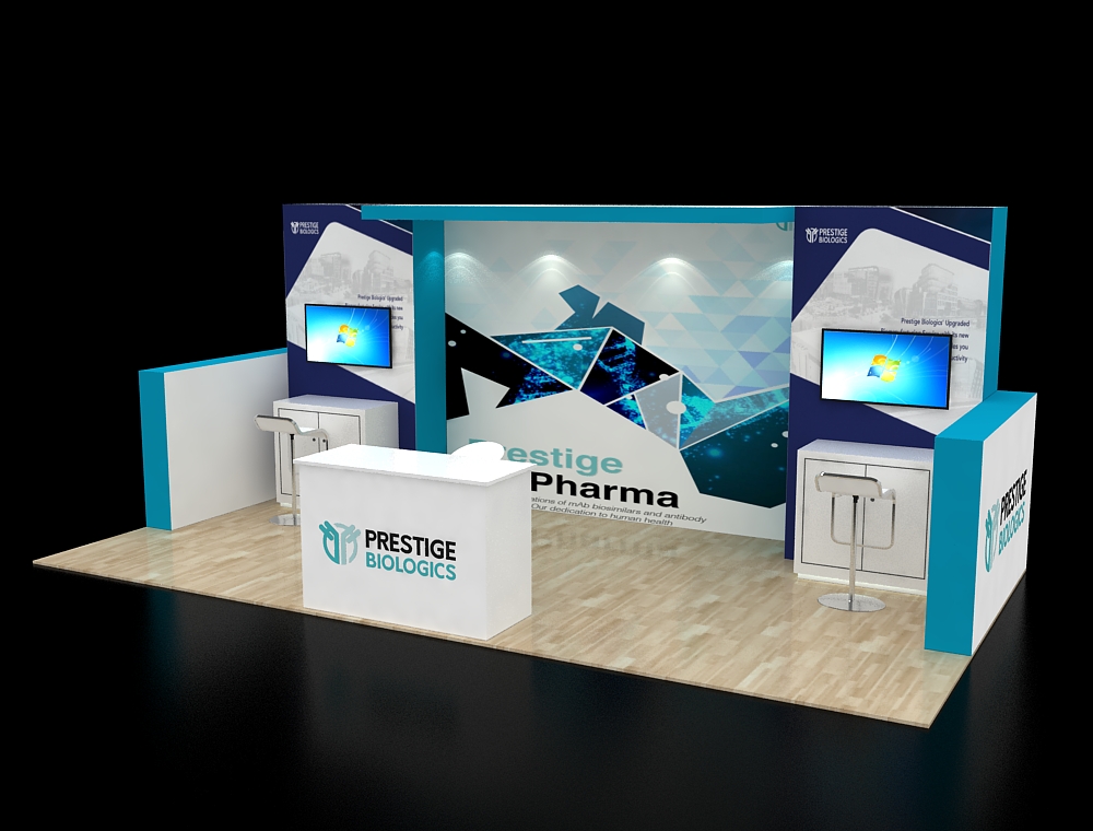 Exhibition booth with large display panels and counter