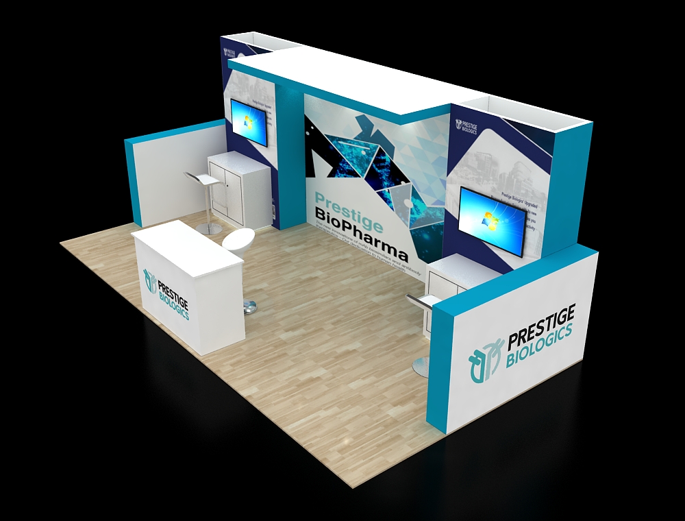 Exhibition booth with large display panels and counter