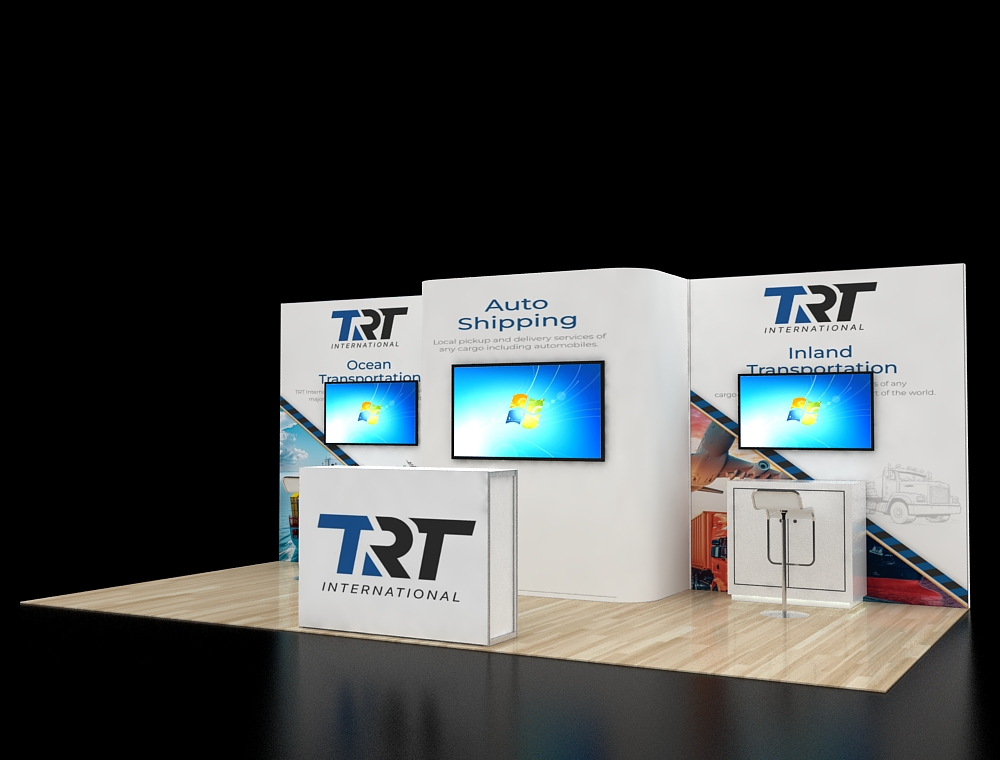 Spacious booth with promotional displays and graphics