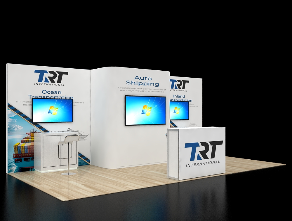 Spacious booth with promotional displays and graphics