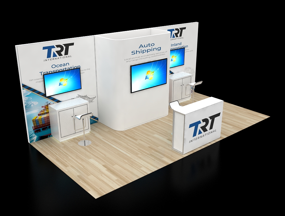 Spacious booth with promotional displays and graphics