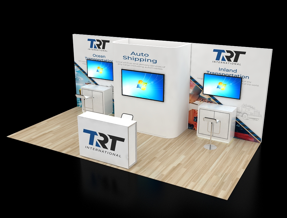 Spacious booth with promotional displays and graphics