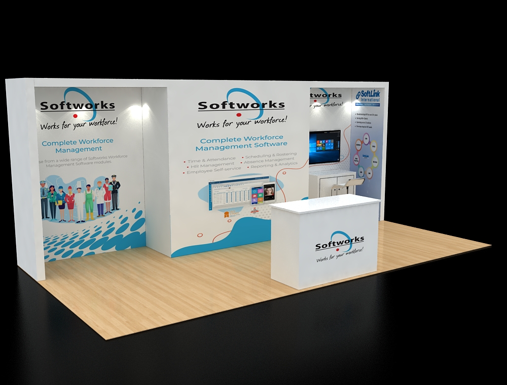 Trade show booth with branding panels and counters