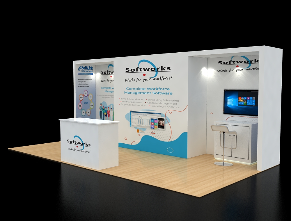 Trade show booth with branding panels and counters