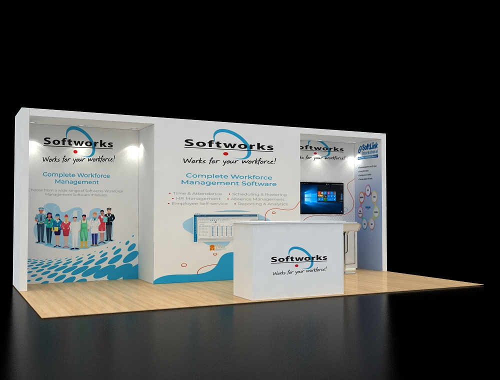 Trade show booth with branding panels and counters