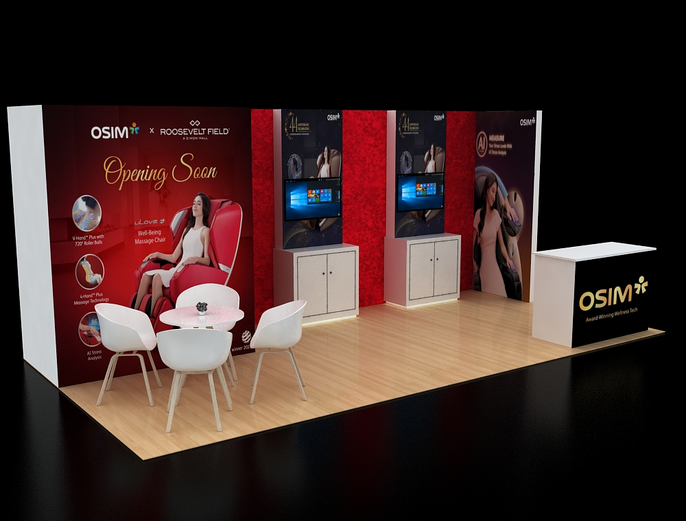 Modern exhibition booth with product demonstration area
