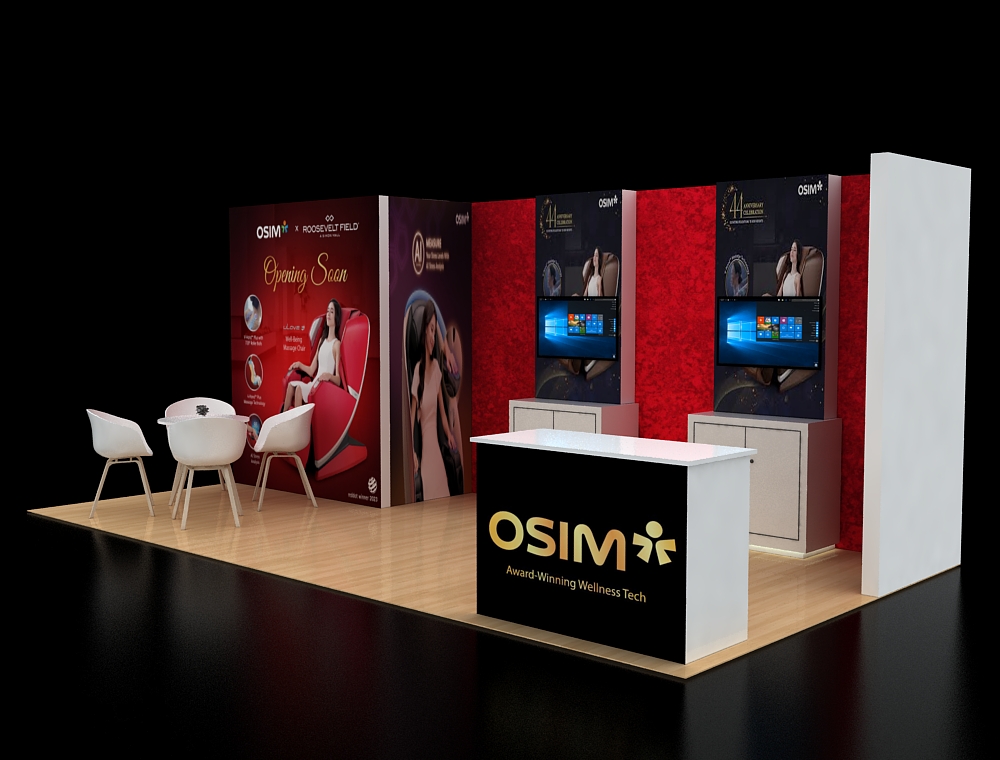 Modern exhibition booth with product demonstration area