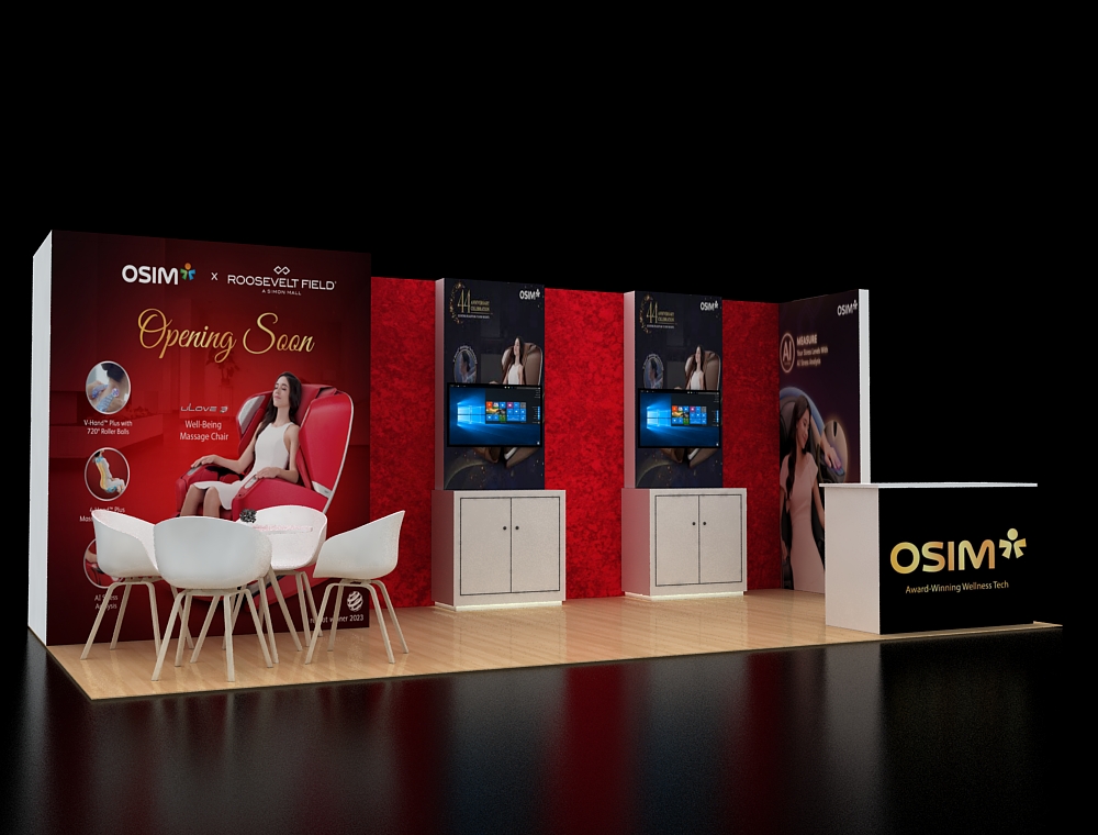 Modern exhibition booth with product demonstration area