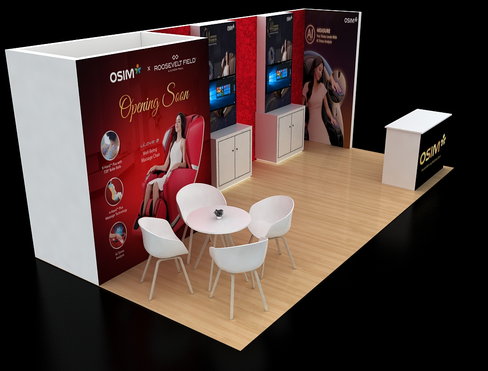 Modern exhibition booth with product demonstration area