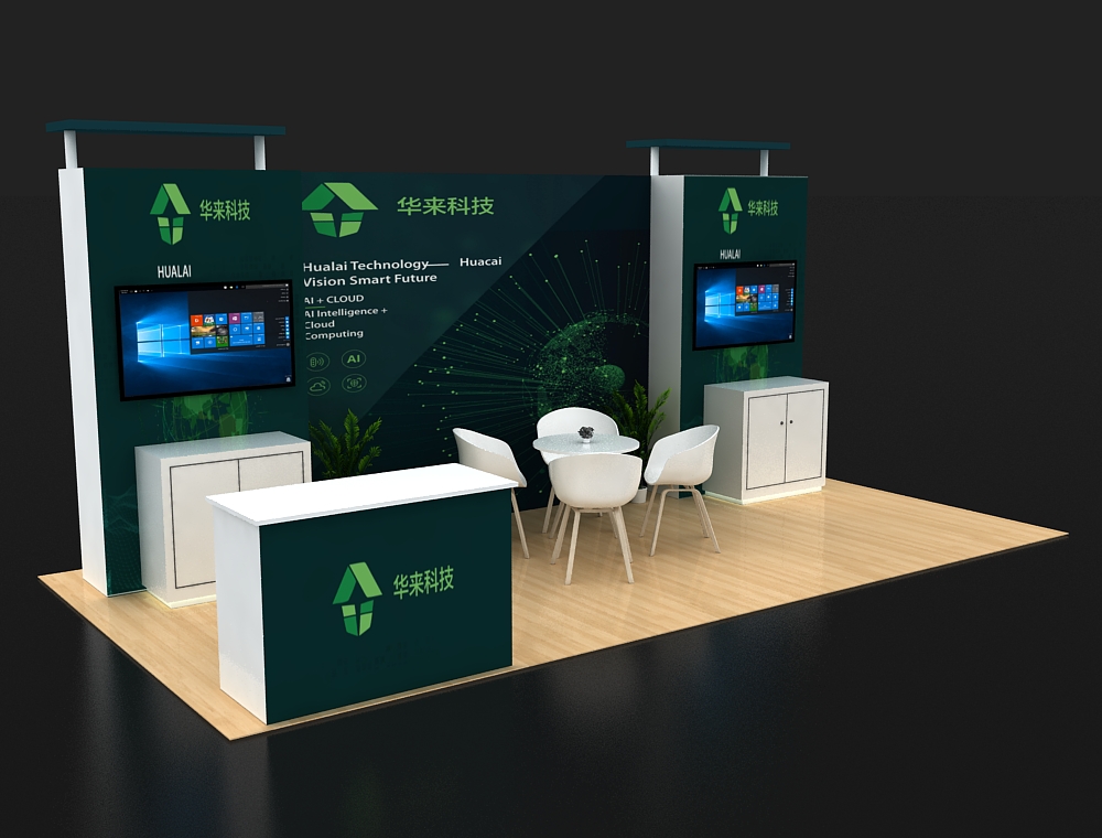 Open layout trade show booth with signage walls
