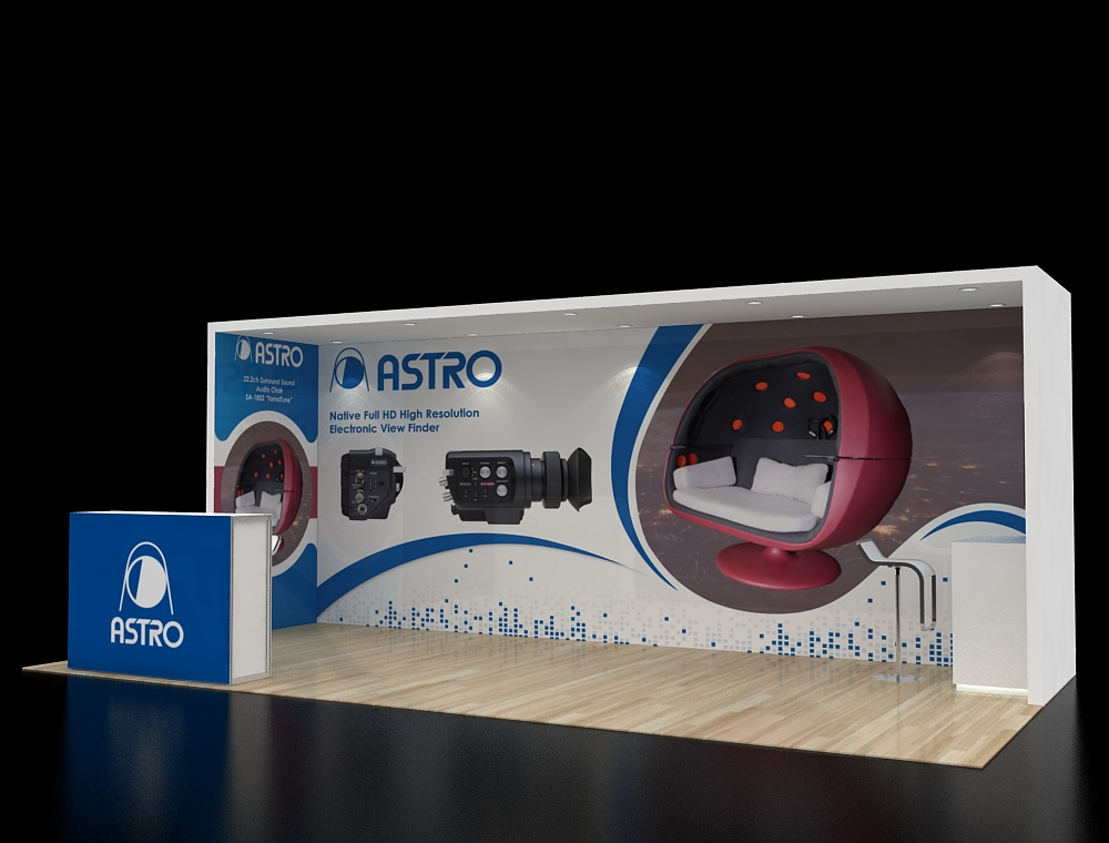 Trade show display booth with promotional banners