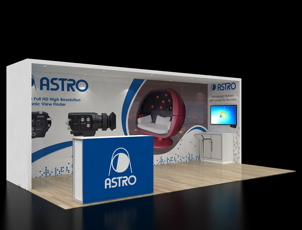 Trade show display booth with promotional banners