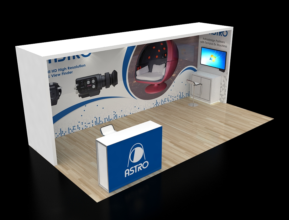 Trade show display booth with promotional banners