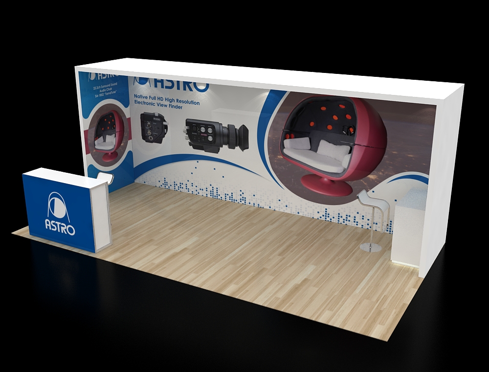 Trade show display booth with promotional banners