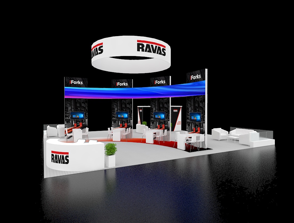 40x40 booth design with wide open aisle layout