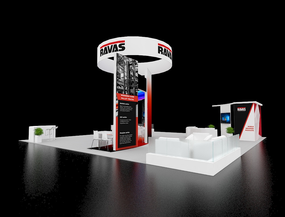 40x40 booth design with wide open aisle layout
