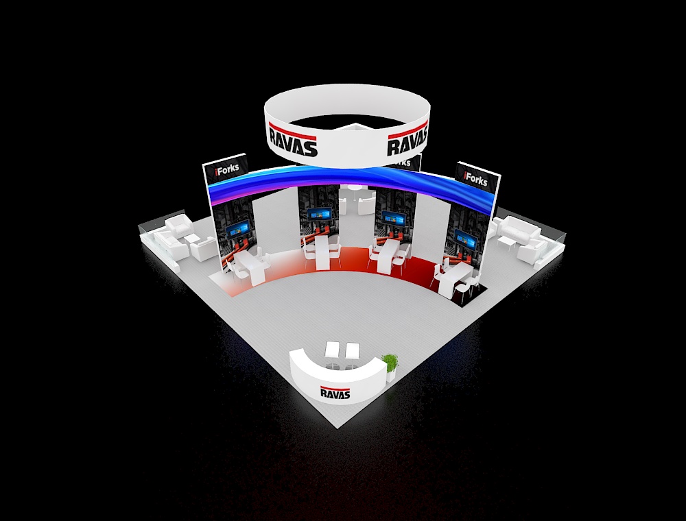 40x40 booth design with wide open aisle layout