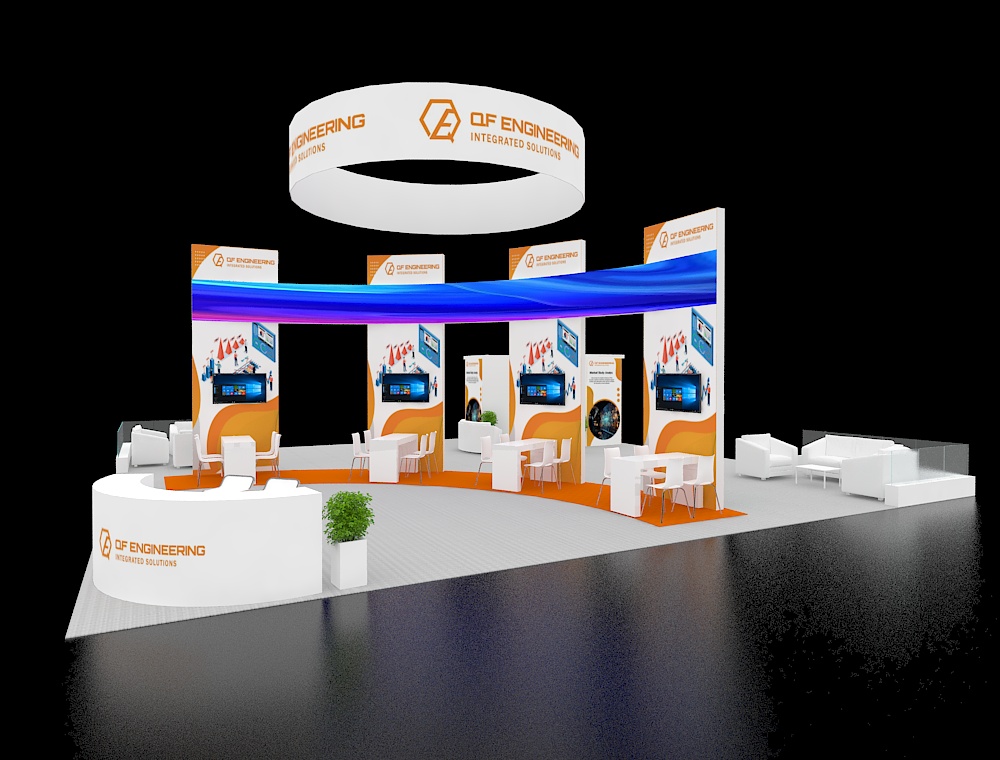 40x40 trade show booth with central demo area