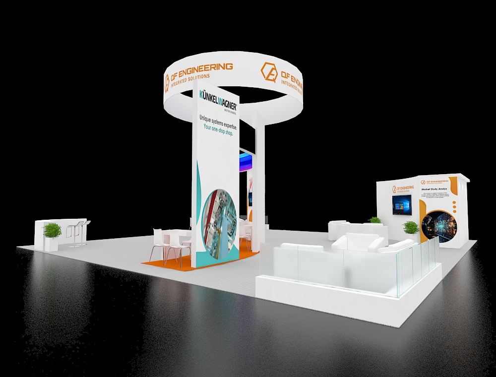 40x40 trade show booth with central demo area
