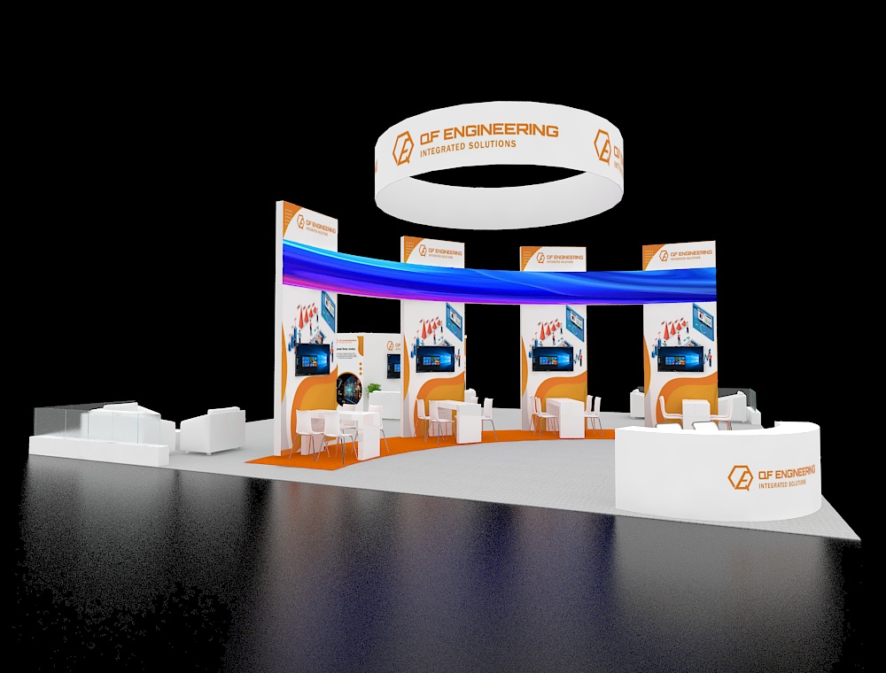 40x40 trade show booth with central demo area