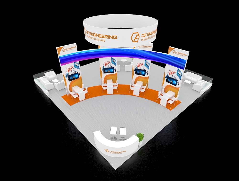 40x40 trade show booth with central demo area