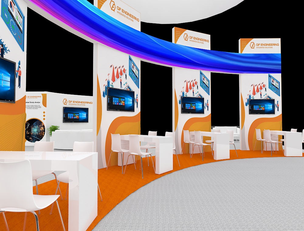 40x40 trade show booth with central demo area