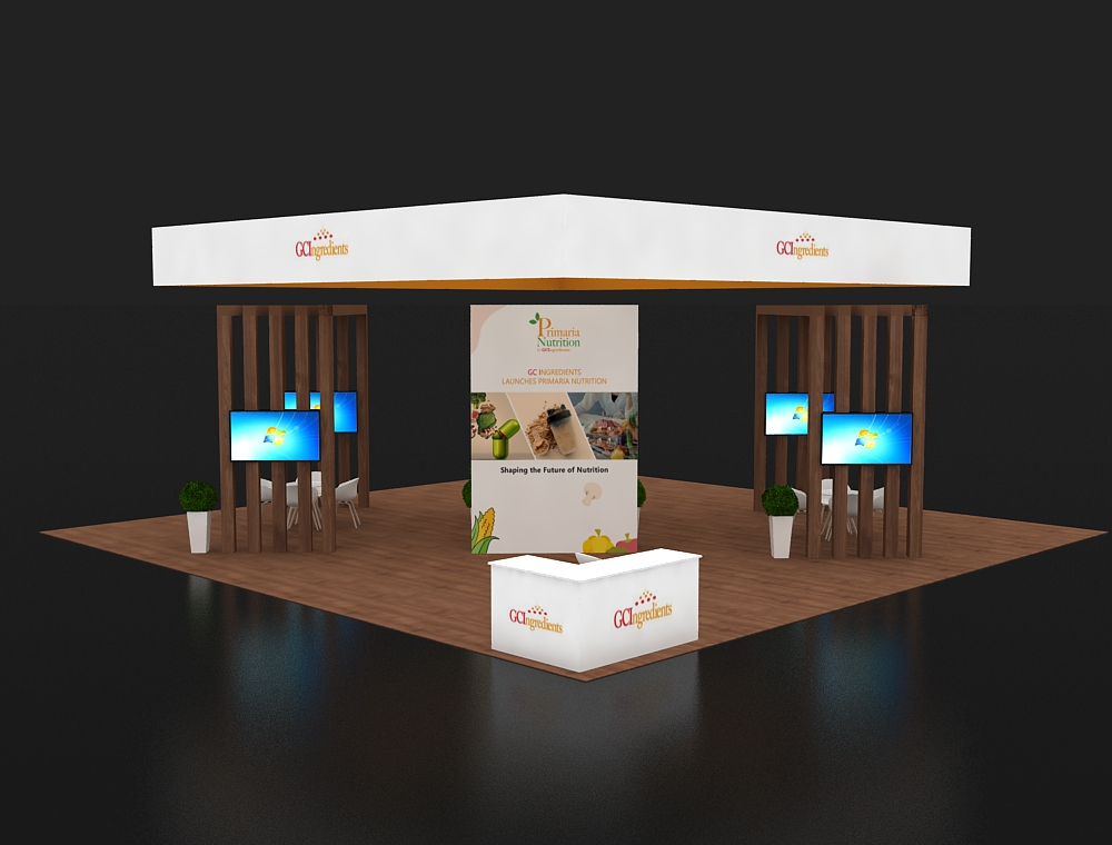 Trade booth 40x40 with central demo and signage