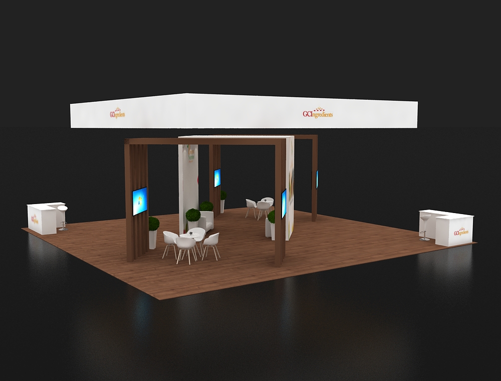 Trade booth 40x40 with central demo and signage