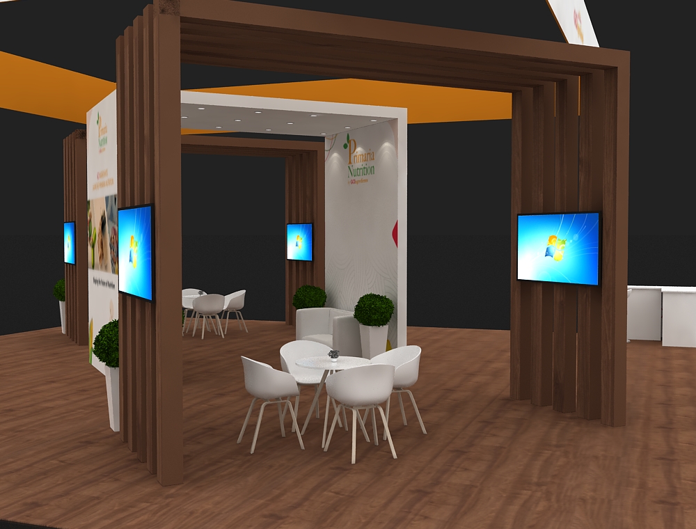 Trade booth 40x40 with central demo and signage