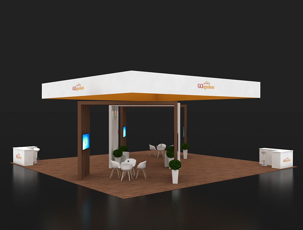 Trade booth 40x40 with central demo and signage
