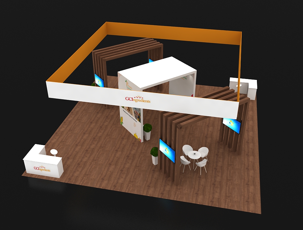 Trade booth 40x40 with central demo and signage