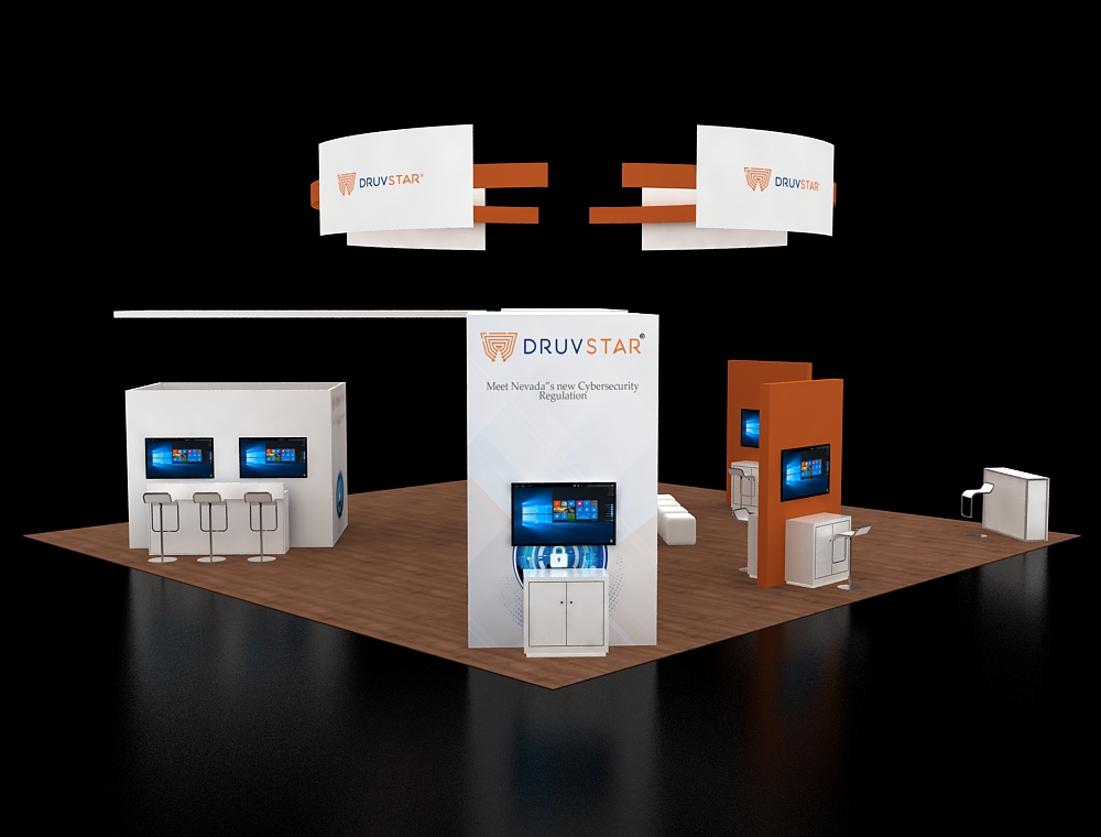 40x40 display booth with corner reception area