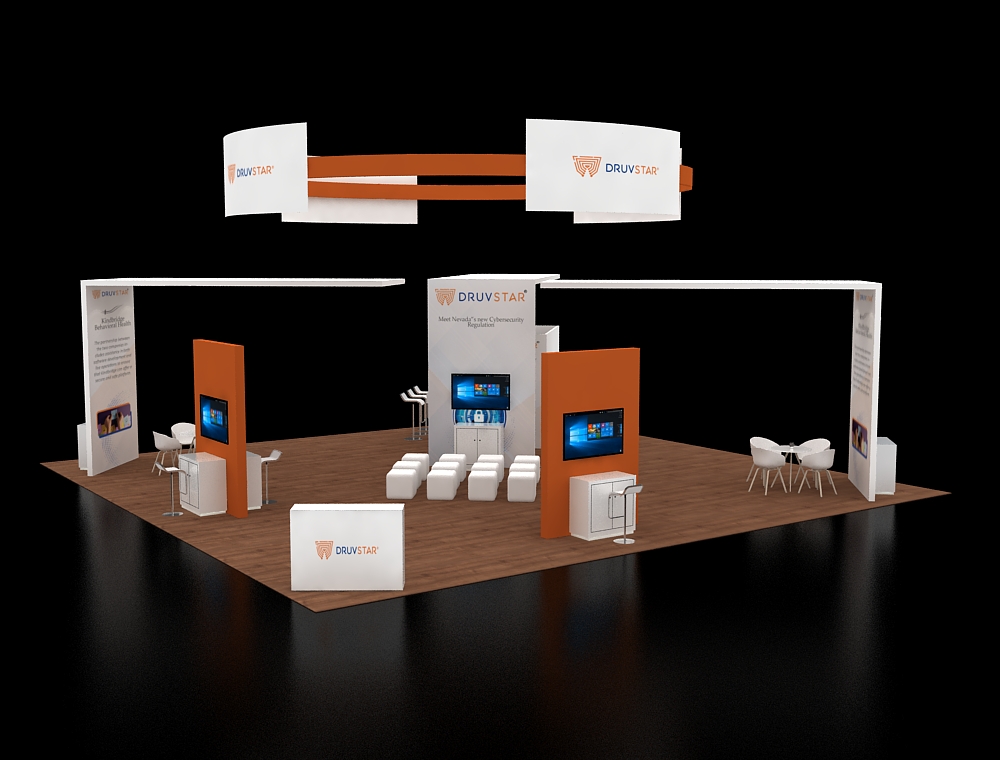 40x40 display booth with corner reception area