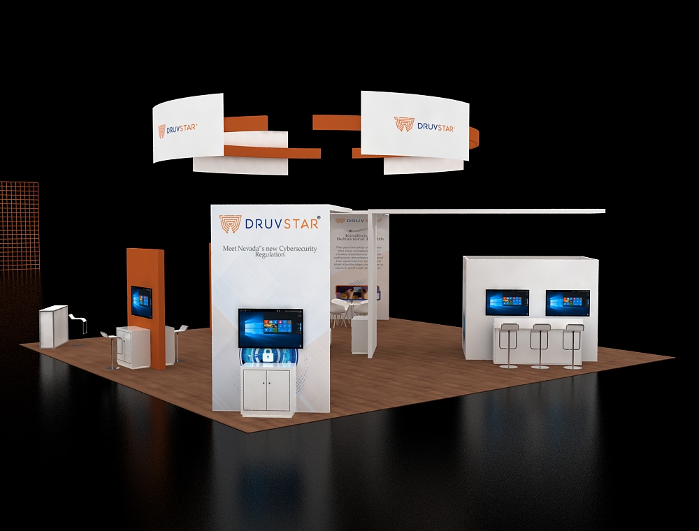 40x40 display booth with corner reception area