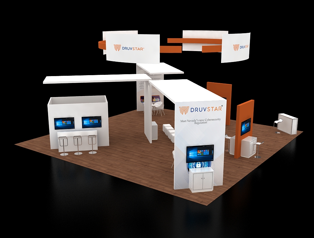 40x40 display booth with corner reception area