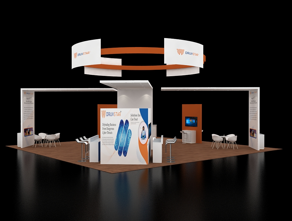 40x40 display booth with corner reception area