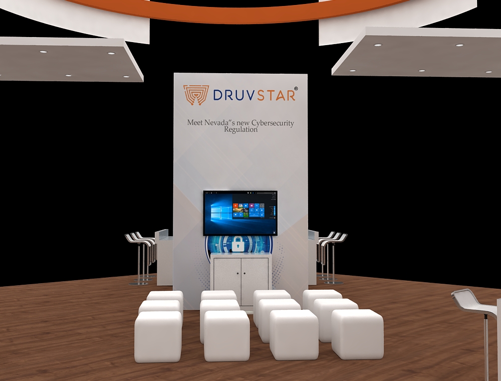 40x40 display booth with corner reception area